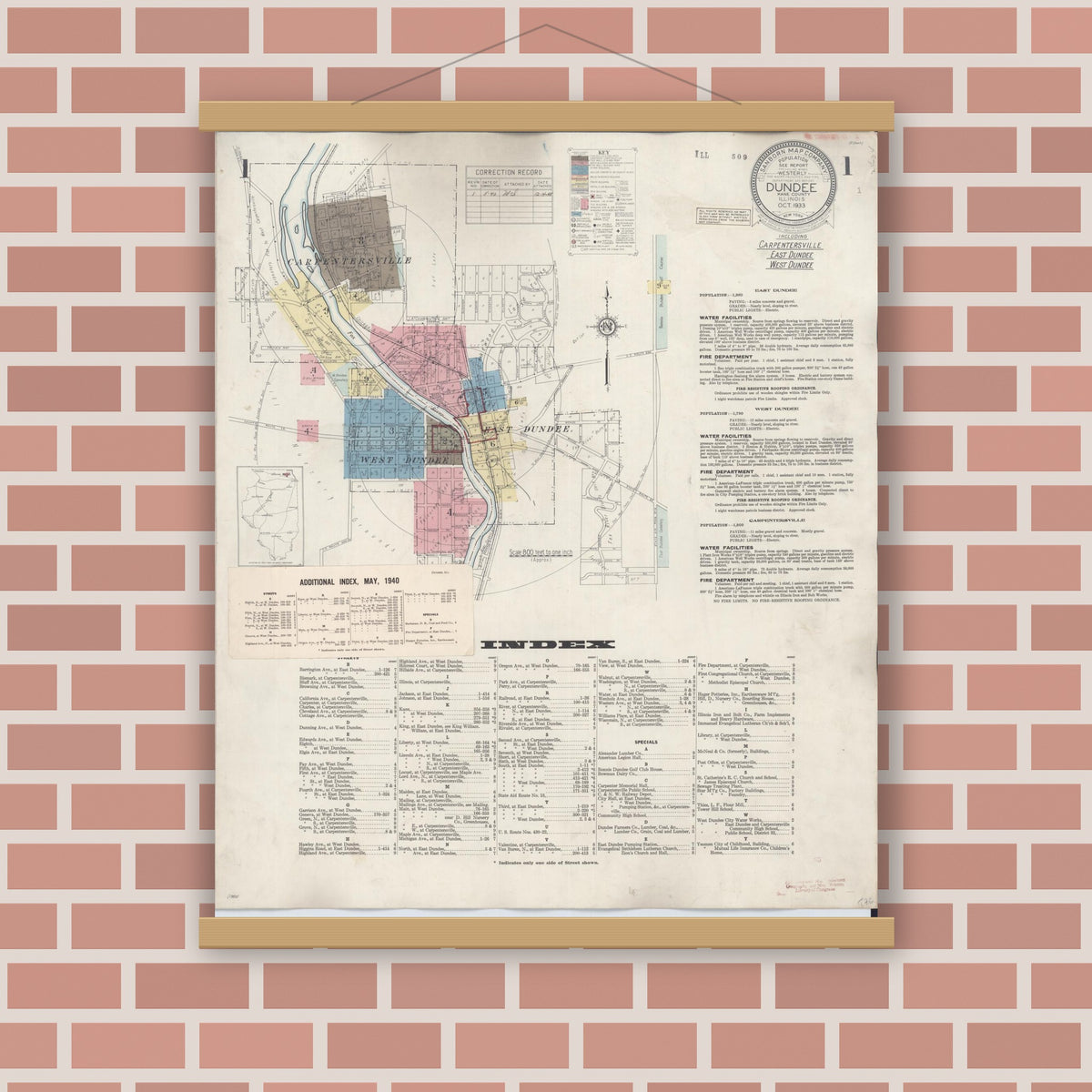 Old map wall art mockup — magnetic wood frame on brick wall — Sanborn Fire Insurance Map from Dundee, Kane County, Illinois (1940), Sheet #0001