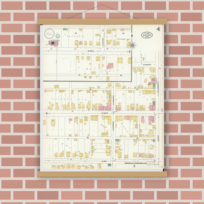 Old map wall art mockup — magnetic wood frame on brick wall — Sanborn Fire Insurance Map from Salem, Columbiana County, Ohio (1903), Sheet #0004