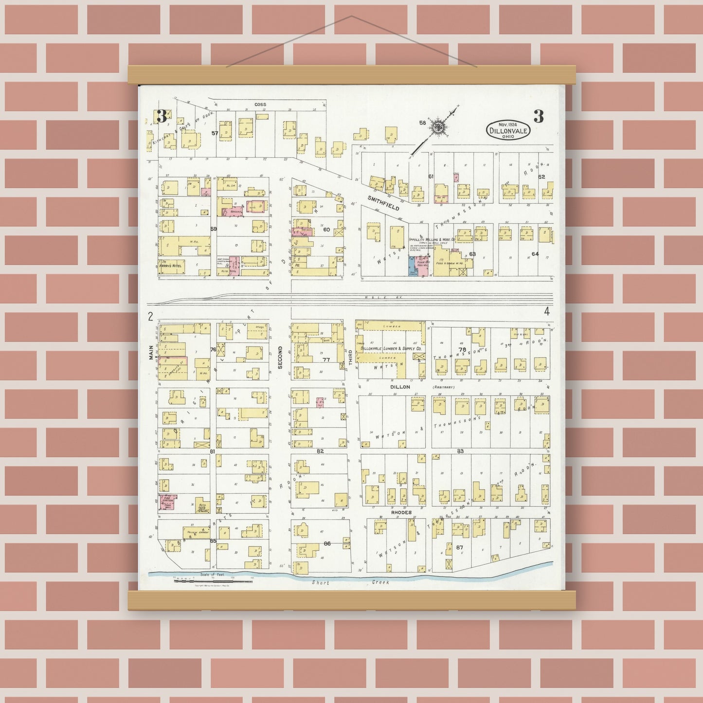 Old map wall art mockup — magnetic wood frame on brick wall — Sanborn Fire Insurance Map from Dillonvale, Jefferson County, Ohio (1924), Sheet #0003