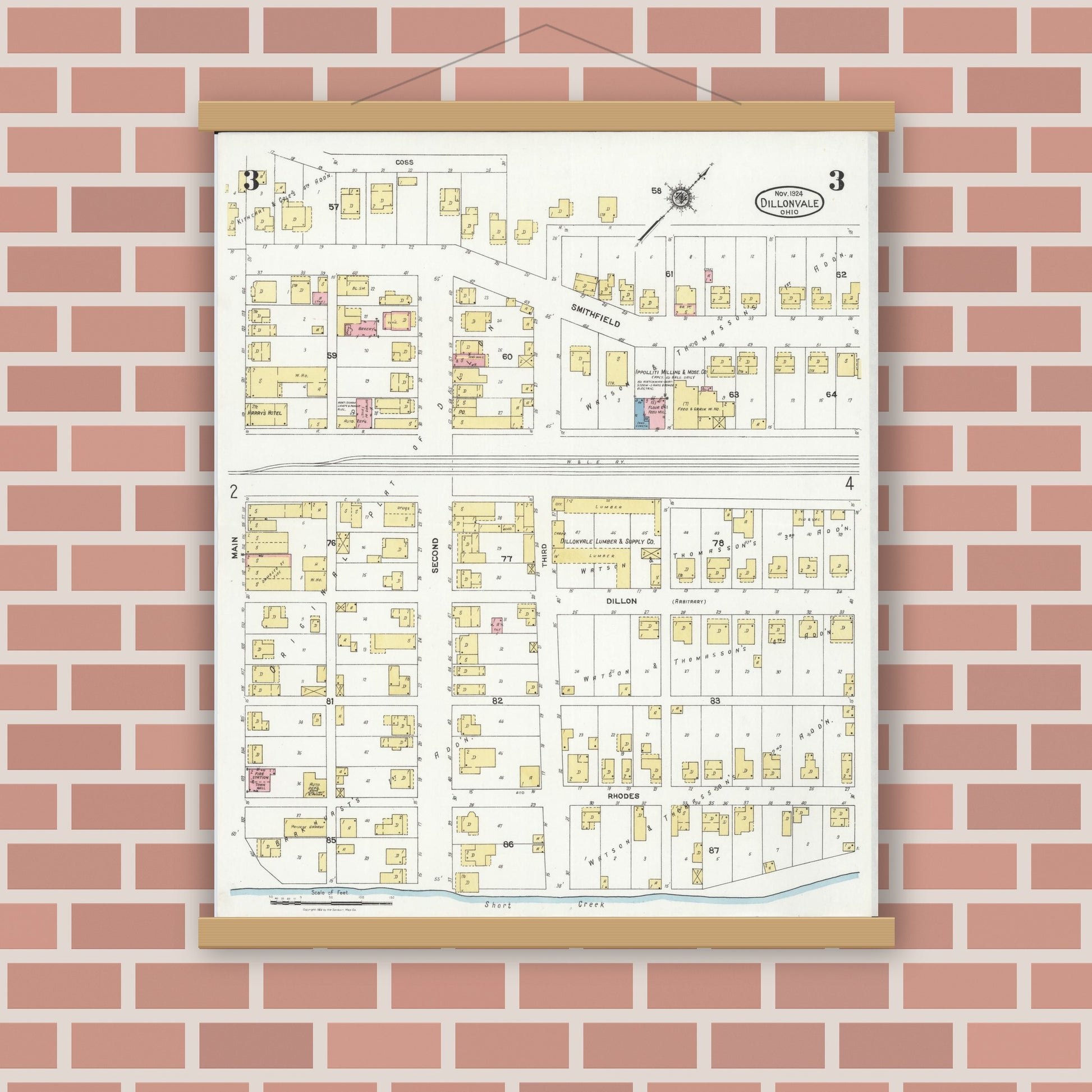 Old map wall art mockup — magnetic wood frame on brick wall — Sanborn Fire Insurance Map from Dillonvale, Jefferson County, Ohio (1924), Sheet #0003