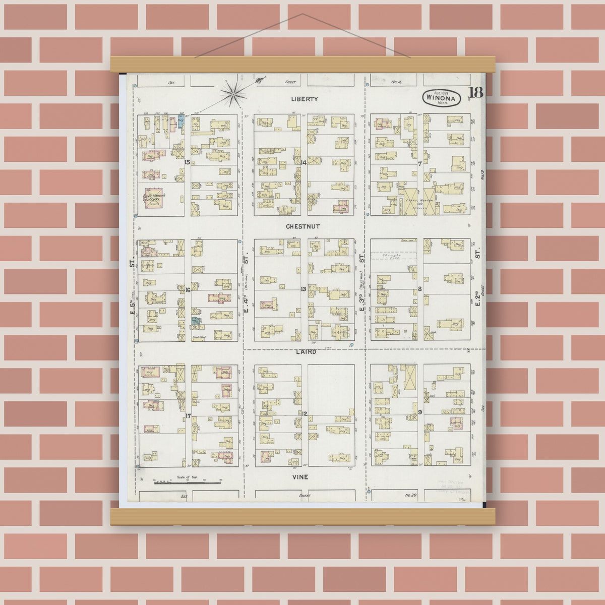Old map wall art mockup — magnetic wood frame on brick wall — Sanborn Fire Insurance Map from Winona, Winona County, Minnesota (1889), Sheet #0018