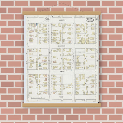 Old map wall art mockup — magnetic wood frame on brick wall — Sanborn Fire Insurance Map from Winona, Winona County, Minnesota (1889), Sheet #0018