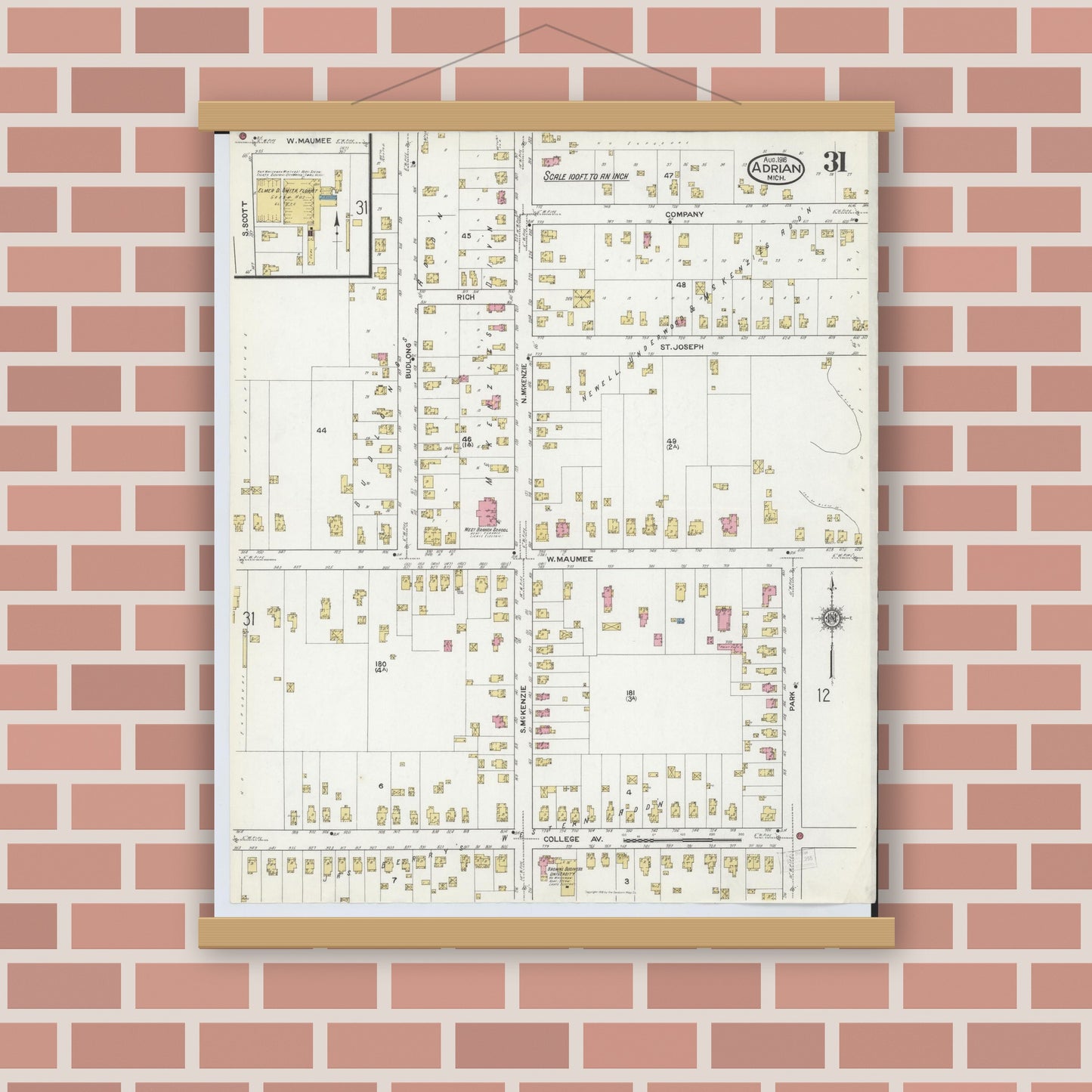 Old map wall art mockup — magnetic wood frame on brick wall — Sanborn Fire Insurance Map from Adrian, Lenawee County, Michigan (1916), Sheet #0031