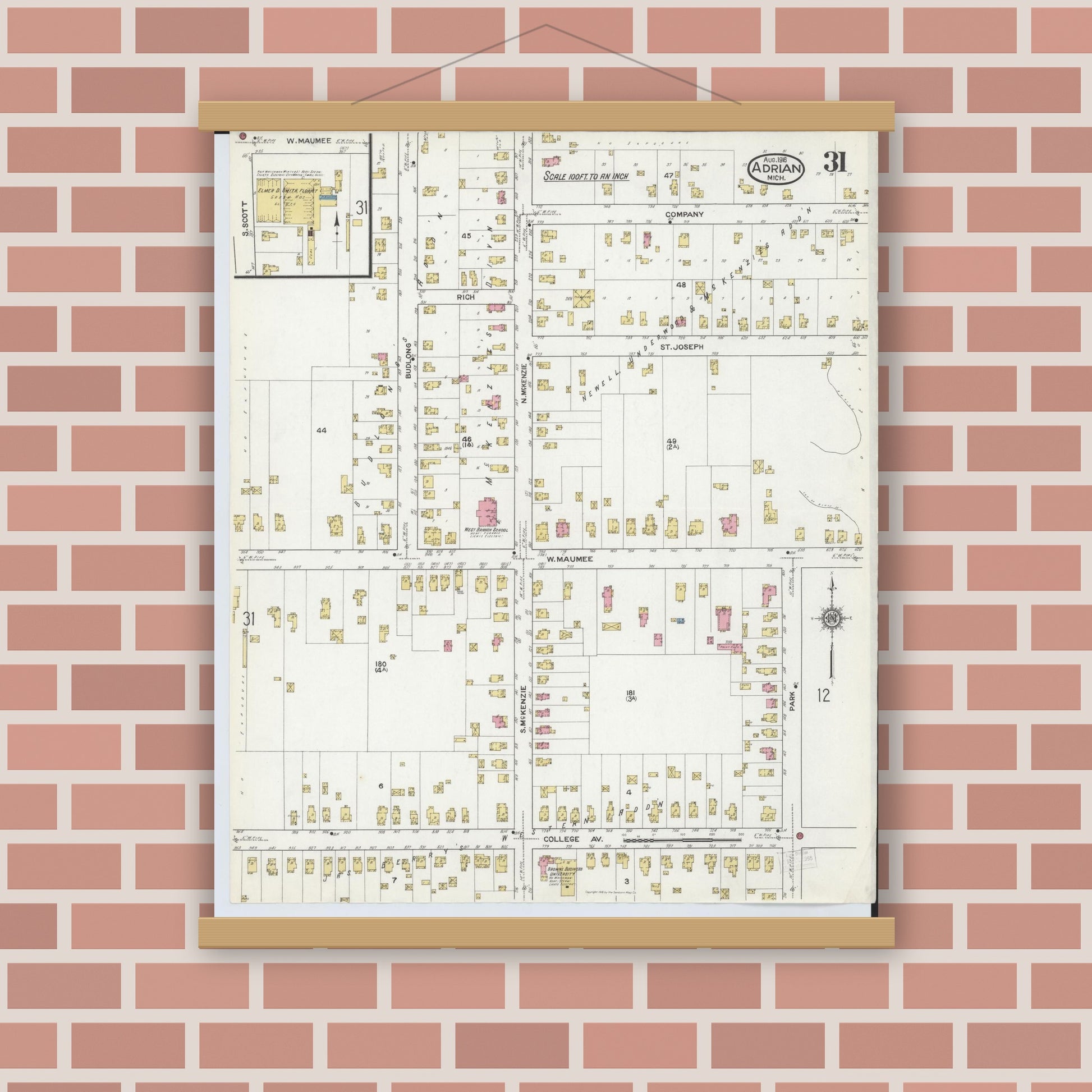 Old map wall art mockup — magnetic wood frame on brick wall — Sanborn Fire Insurance Map from Adrian, Lenawee County, Michigan (1916), Sheet #0031