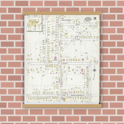 Old map wall art mockup — magnetic wood frame on brick wall — Sanborn Fire Insurance Map from Adrian, Lenawee County, Michigan (1916), Sheet #0031