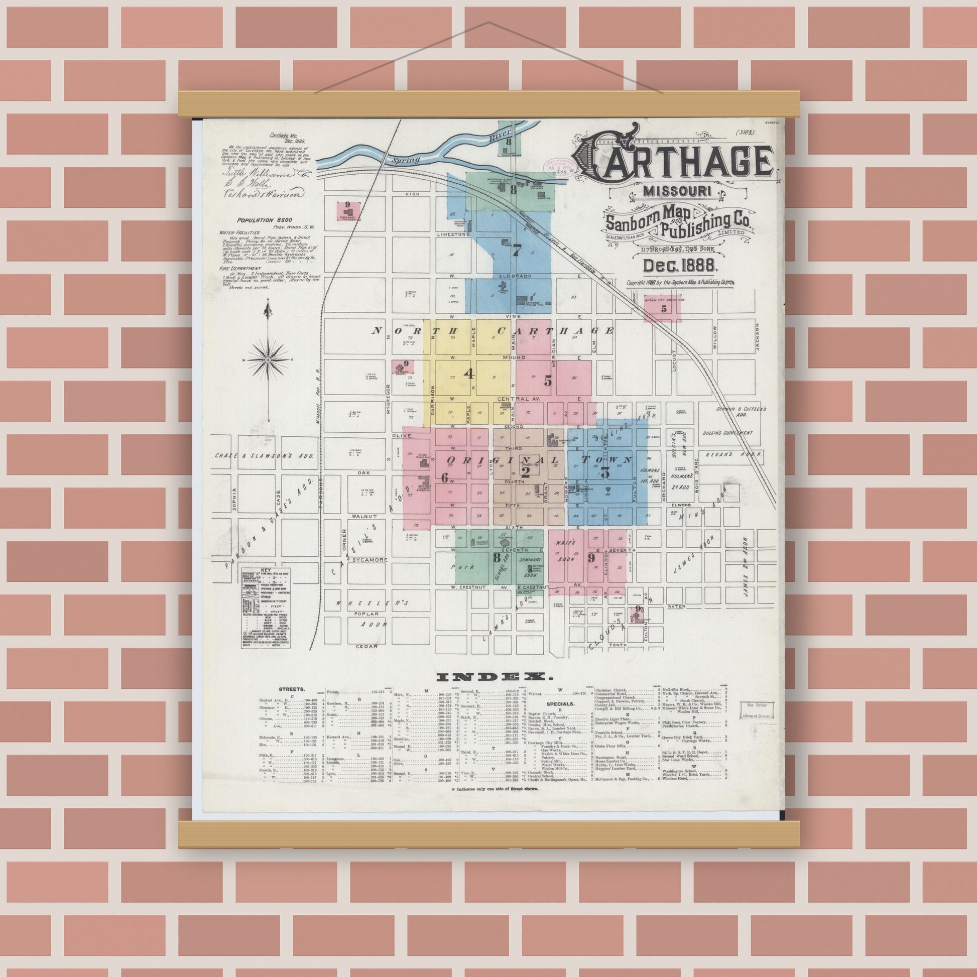 Old map wall art mockup — magnetic wood frame on brick wall — Sanborn Fire Insurance Map from Carthage, Jasper County, Missouri (1888) - Complete Map Set