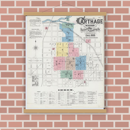 Old map wall art mockup — magnetic wood frame on brick wall — Sanborn Fire Insurance Map from Carthage, Jasper County, Missouri (1888) - Complete Map Set