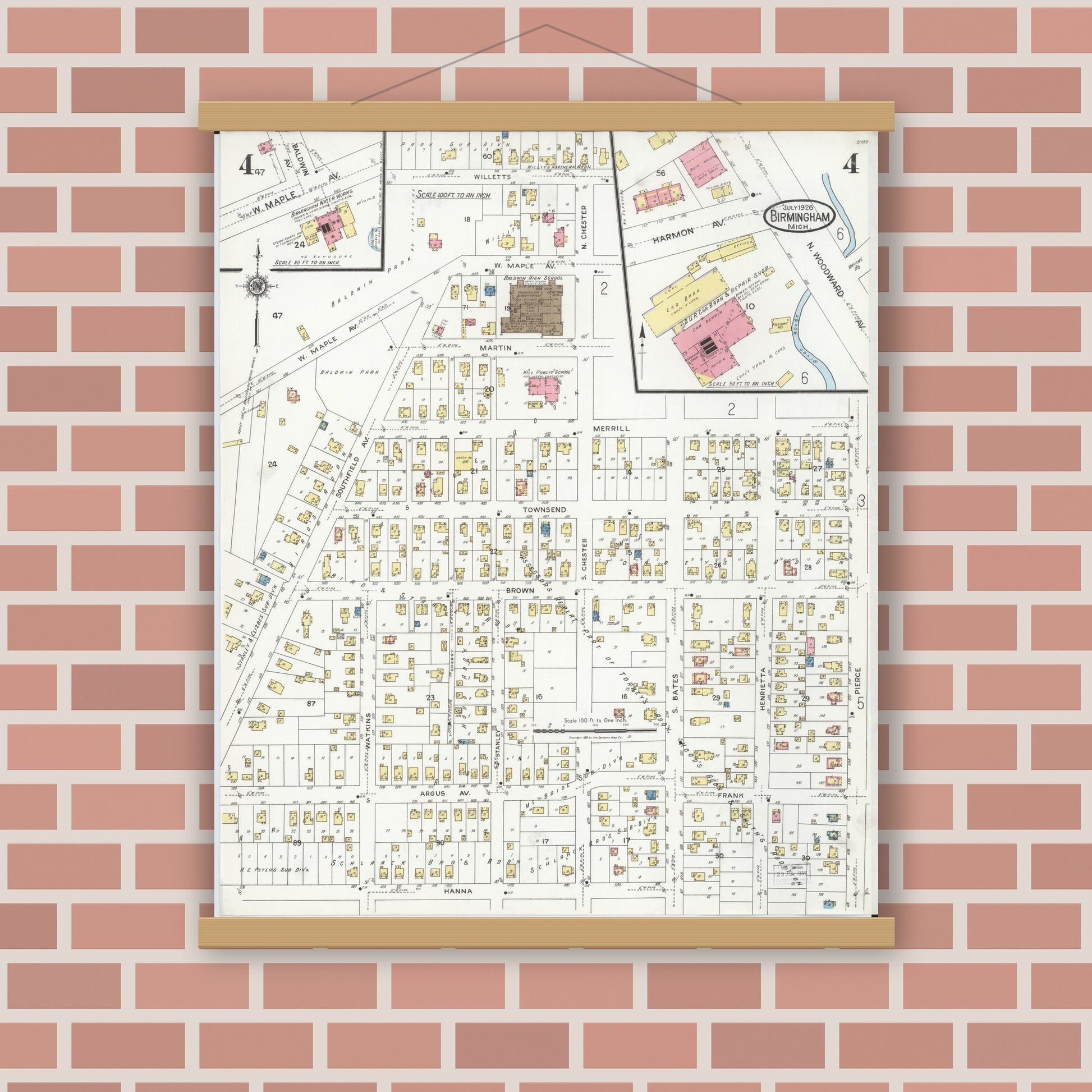 Old map wall art mockup — magnetic wood frame on brick wall — Sanborn Fire Insurance Map from Birmingham, Oakland County, Michigan (1926), Sheet #0004