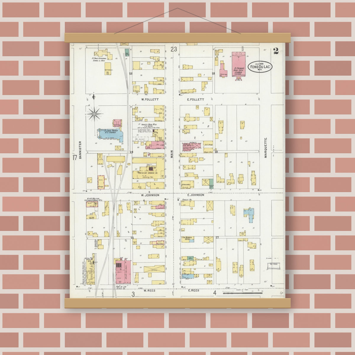 Old map wall art mockup — magnetic wood frame on brick wall — Sanborn Fire Insurance Map from Fond du Lac, Fond du Lac County, Wisconsin (1898) - Complete Map Set