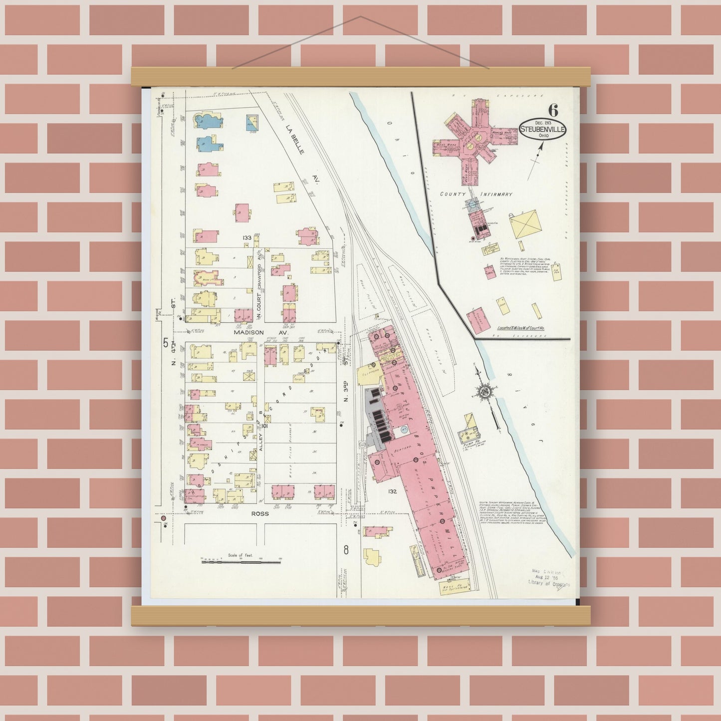 Old map wall art mockup — magnetic wood frame on brick wall — Sanborn Fire Insurance Map from Steubenville, Jefferson County, Ohio (1913), Sheet #0006