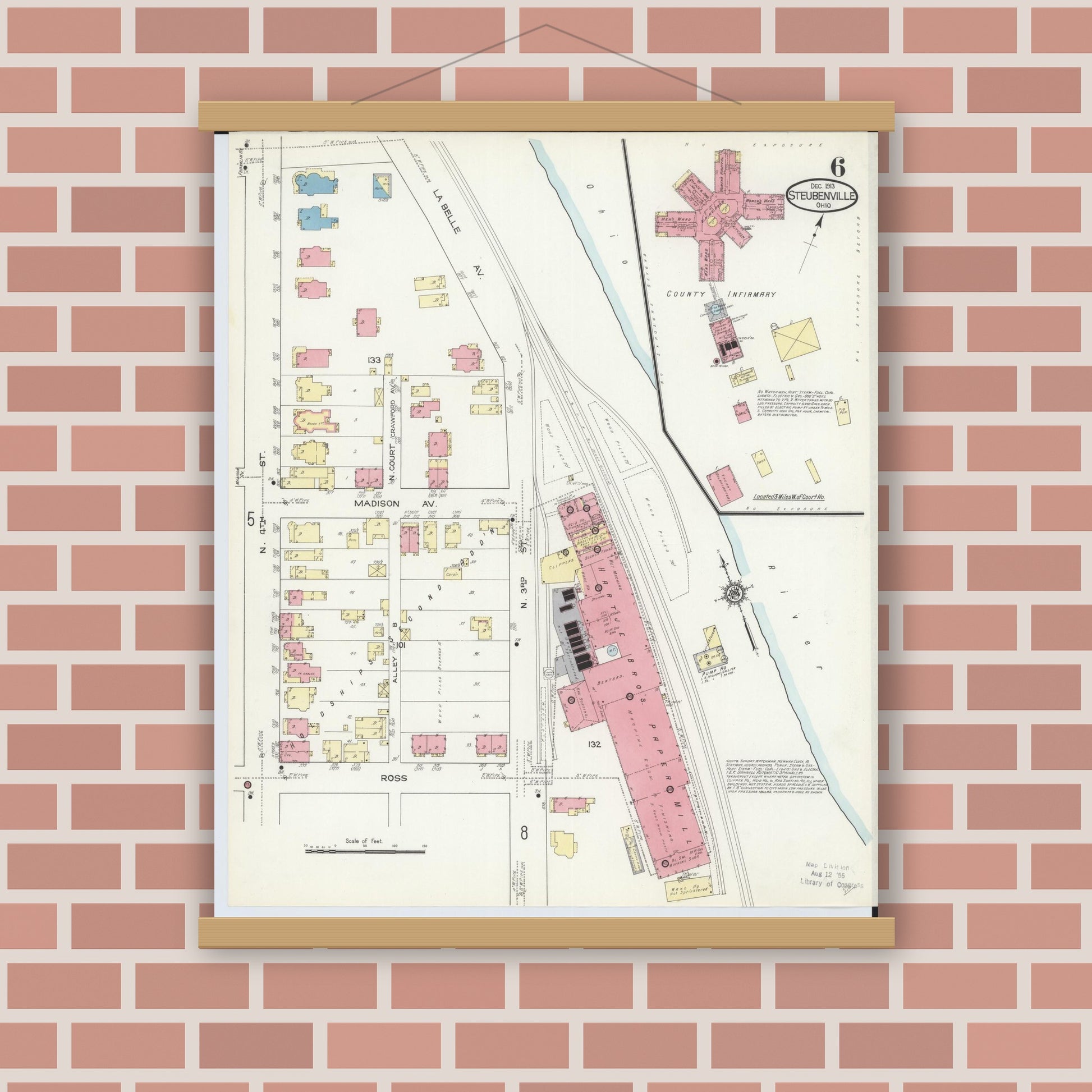 Old map wall art mockup — magnetic wood frame on brick wall — Sanborn Fire Insurance Map from Steubenville, Jefferson County, Ohio (1913), Sheet #0006