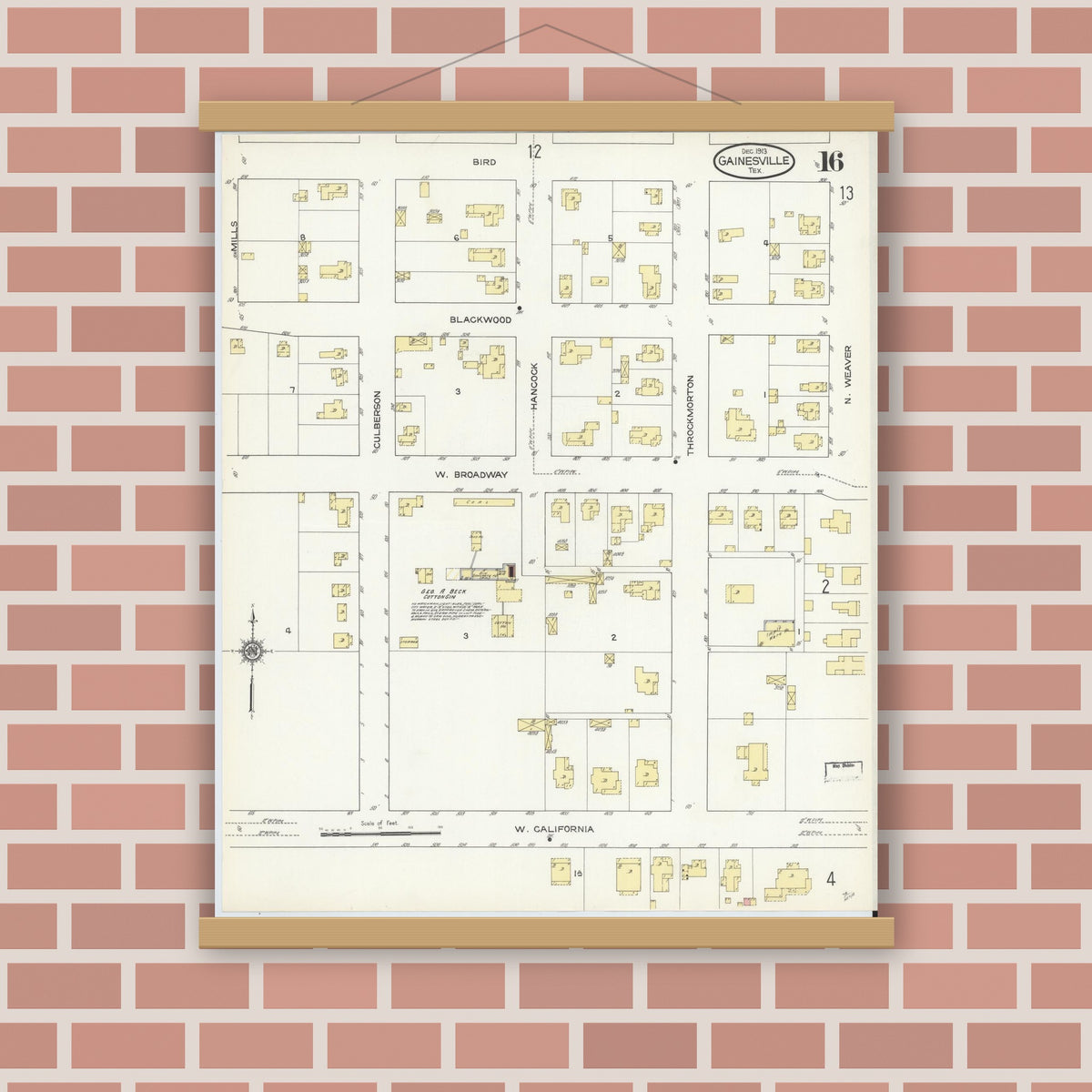 Old map wall art mockup — magnetic wood frame on brick wall — Sanborn Fire Insurance Map from Gainesville, Cooke County, Texas (1913), Sheet #0016