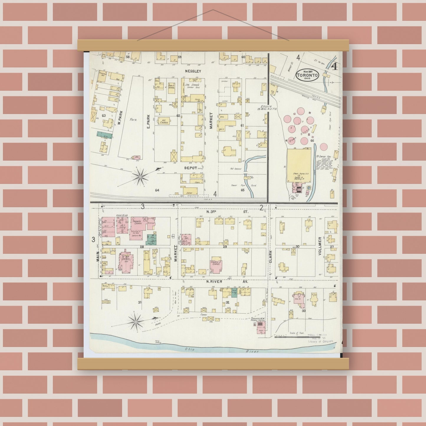 Old map wall art mockup — magnetic wood frame on brick wall — Sanborn Fire Insurance Map from Toronto, Jefferson County, Ohio (1897), Sheet #0004