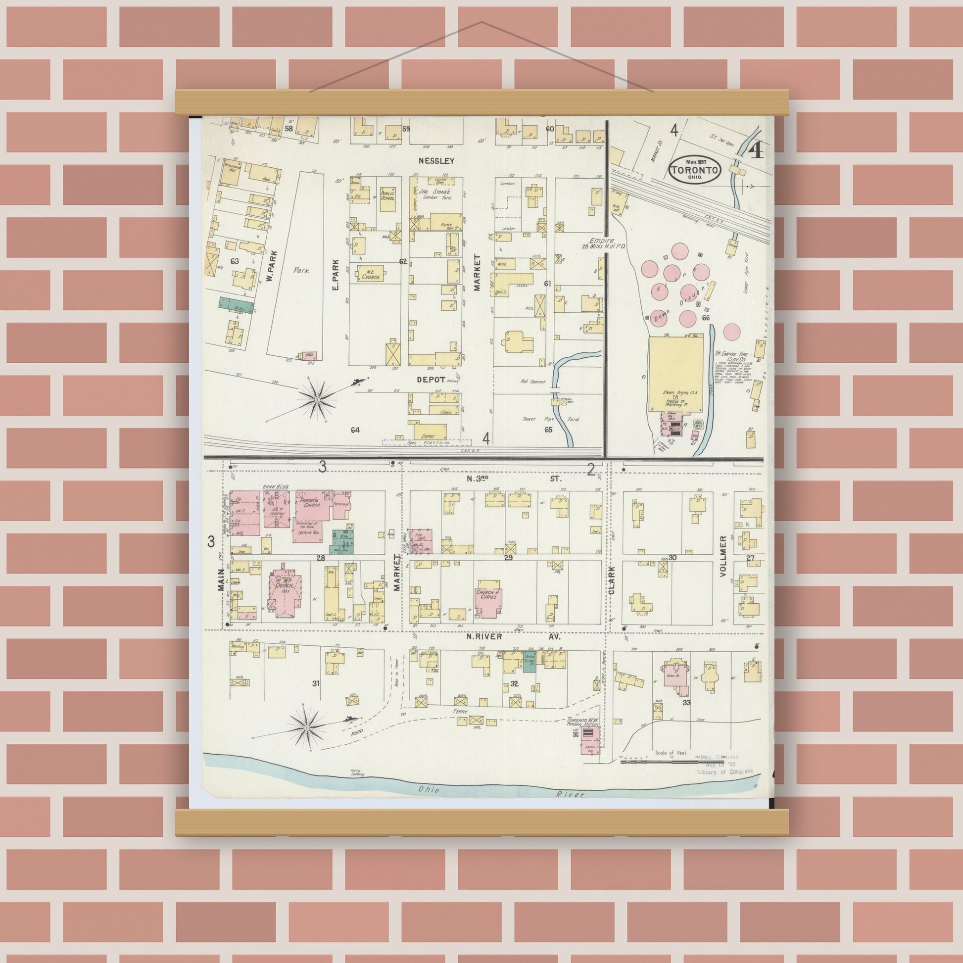 Old map wall art mockup — magnetic wood frame on brick wall — Sanborn Fire Insurance Map from Toronto, Jefferson County, Ohio (1897), Sheet #0004