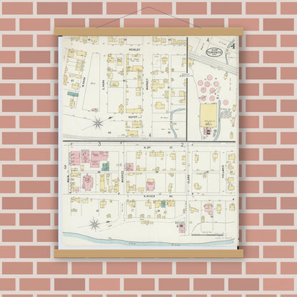 Old map wall art mockup — magnetic wood frame on brick wall — Sanborn Fire Insurance Map from Toronto, Jefferson County, Ohio (1897), Sheet #0004