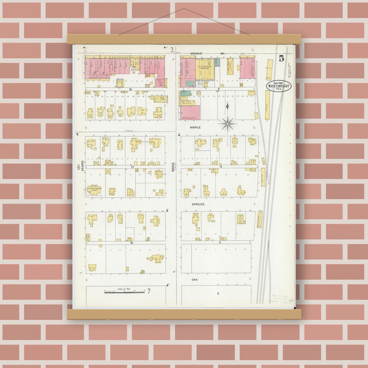 Old map wall art mockup — magnetic wood frame on brick wall — Sanborn Fire Insurance Map from Whitewright, Grayson County, Texas (1905), Sheet #0005