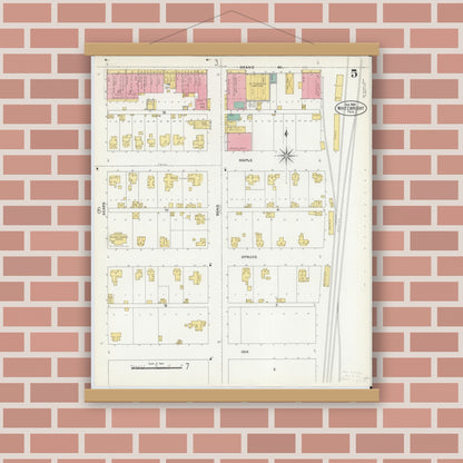 Old map wall art mockup — magnetic wood frame on brick wall — Sanborn Fire Insurance Map from Whitewright, Grayson County, Texas (1905), Sheet #0005