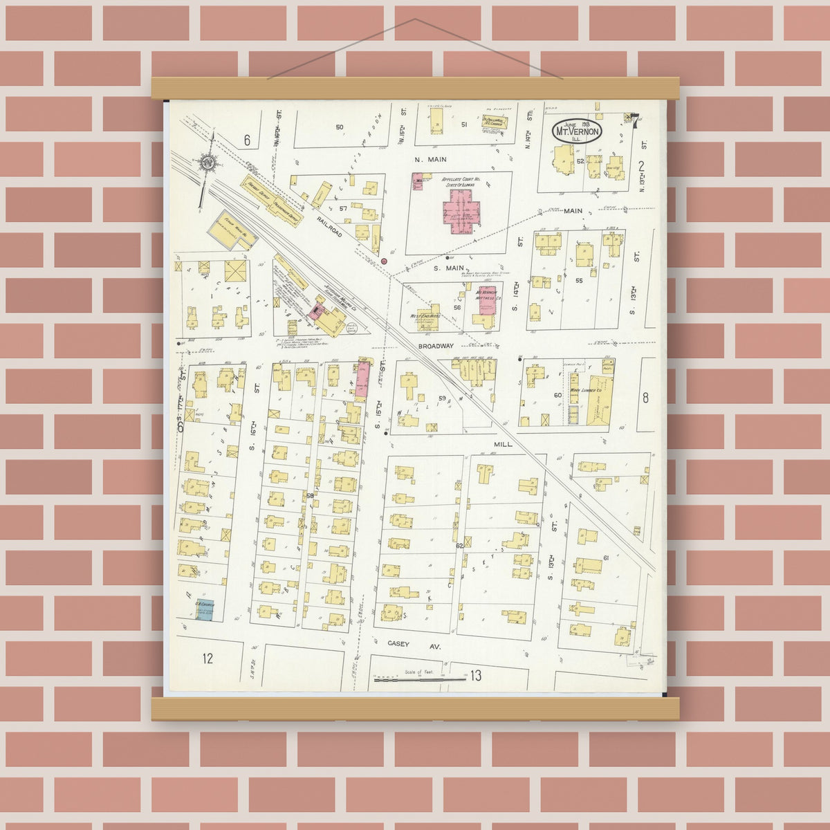 Old map wall art mockup — magnetic wood frame on brick wall — Sanborn Fire Insurance Map from Mount Vernon, Jefferson County, Illinois (1913), Sheet #0007