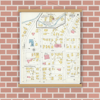 Old map wall art mockup — magnetic wood frame on brick wall — Sanborn Fire Insurance Map from Massillon, Stark County, Ohio (1901), Sheet #0009