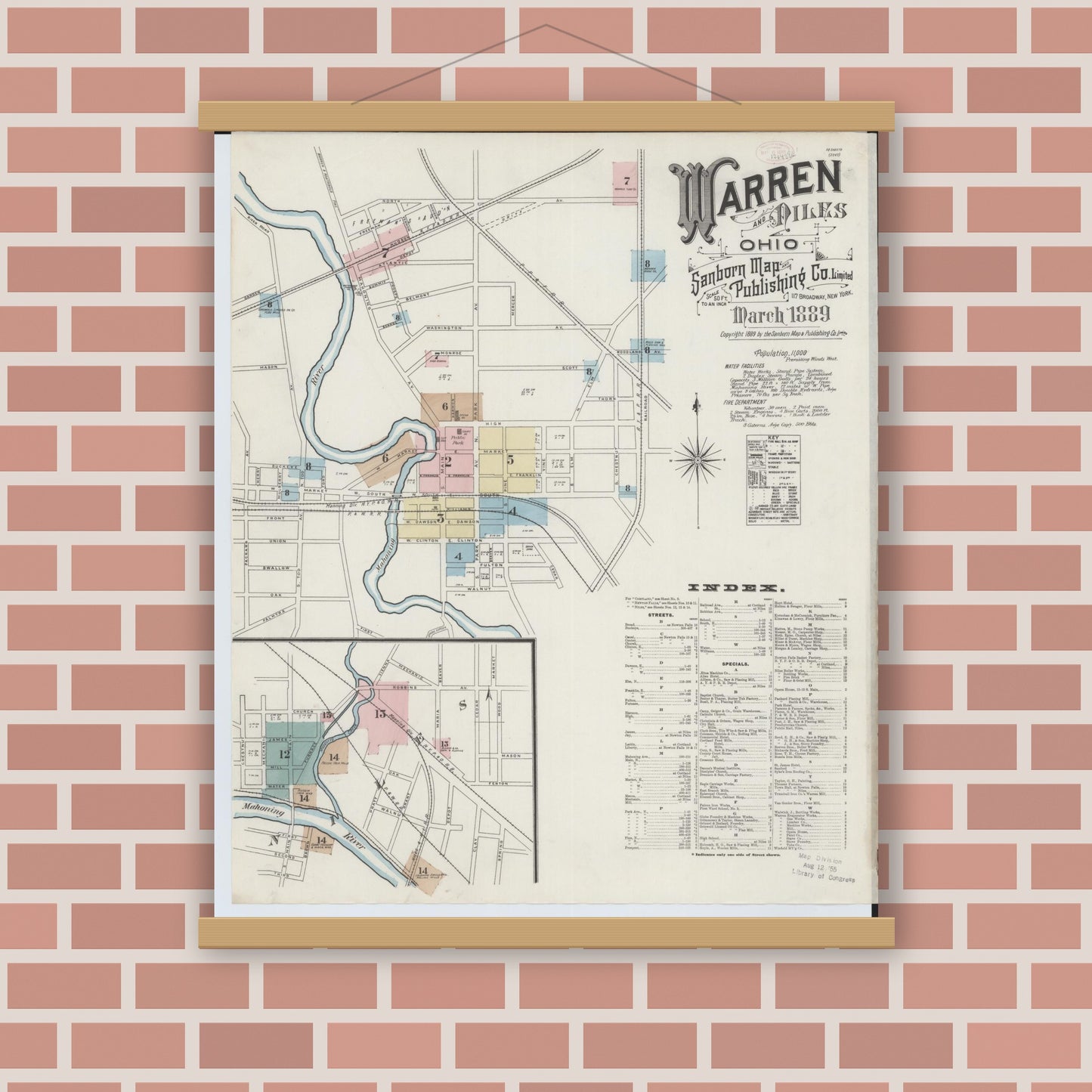 Old map wall art mockup — magnetic wood frame on brick wall — Sanborn Fire Insurance Map from Warren, Trumbull County, Ohio (1889), Sheet #0001