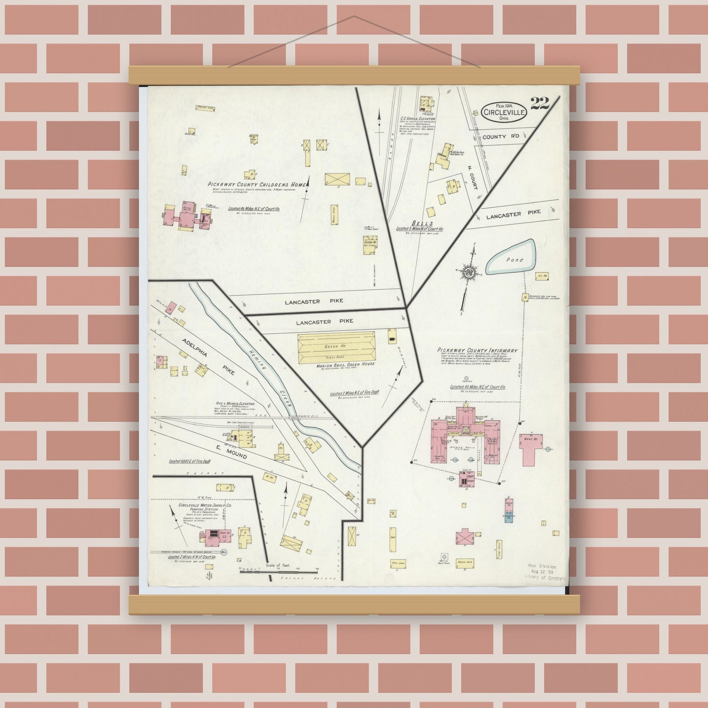 Old map wall art mockup — magnetic wood frame on brick wall — Sanborn Fire Insurance Map from Circleville, Pickaway County, Ohio (1914), Sheet #0022