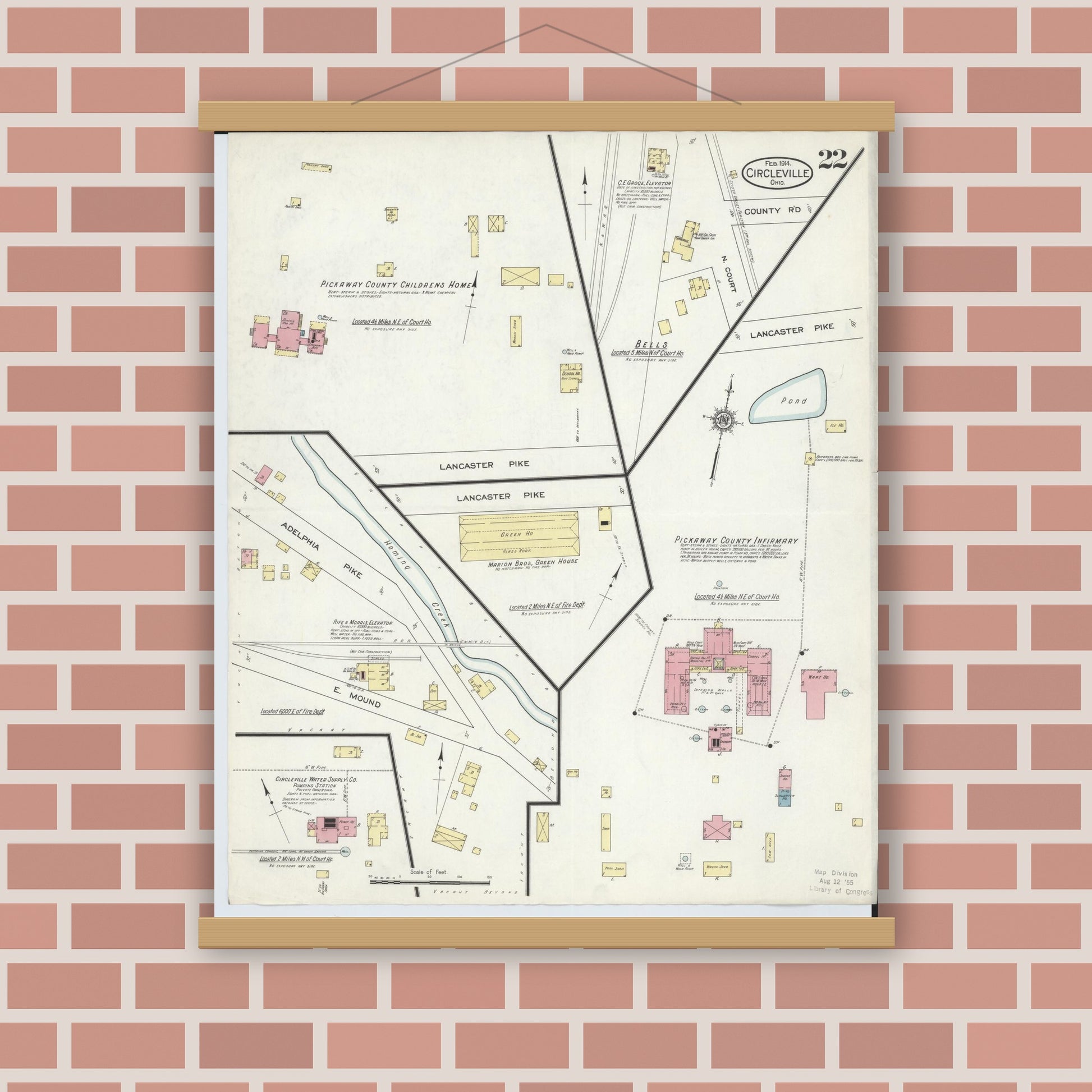 Old map wall art mockup — magnetic wood frame on brick wall — Sanborn Fire Insurance Map from Circleville, Pickaway County, Ohio (1914), Sheet #0022
