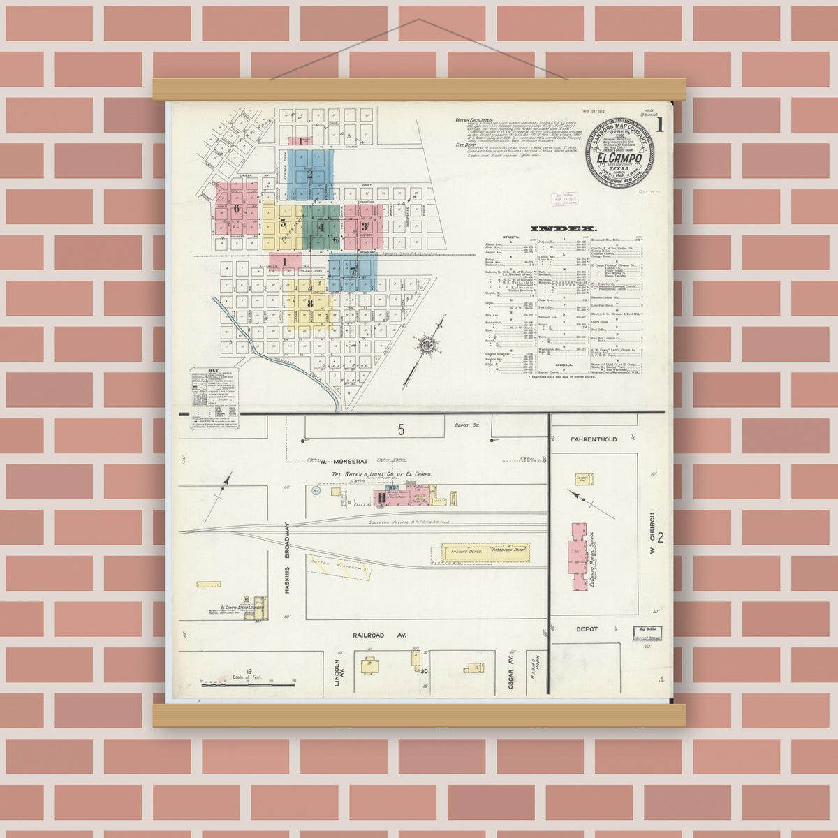 Old map wall art mockup — magnetic wood frame on brick wall — Sanborn Fire Insurance Map from El Campo, Wharton County, Texas (1912) - Complete Map Set