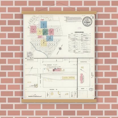 Old map wall art mockup — magnetic wood frame on brick wall — Sanborn Fire Insurance Map from El Campo, Wharton County, Texas (1912) - Complete Map Set