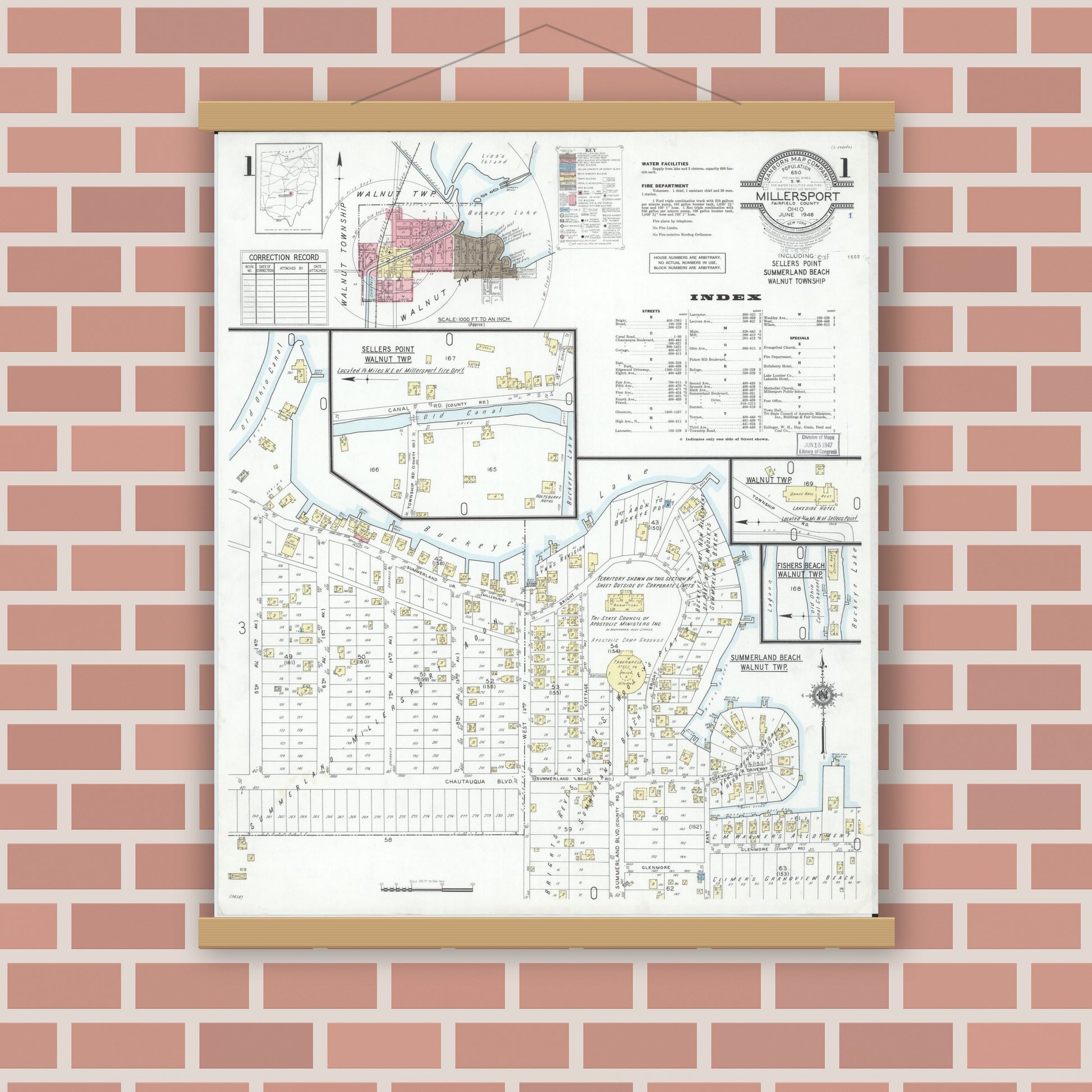 Old map wall art mockup — magnetic wood frame on brick wall — Sanborn Fire Insurance Map from Millersport, Fairfield County, Ohio (1946) - Complete Map Set