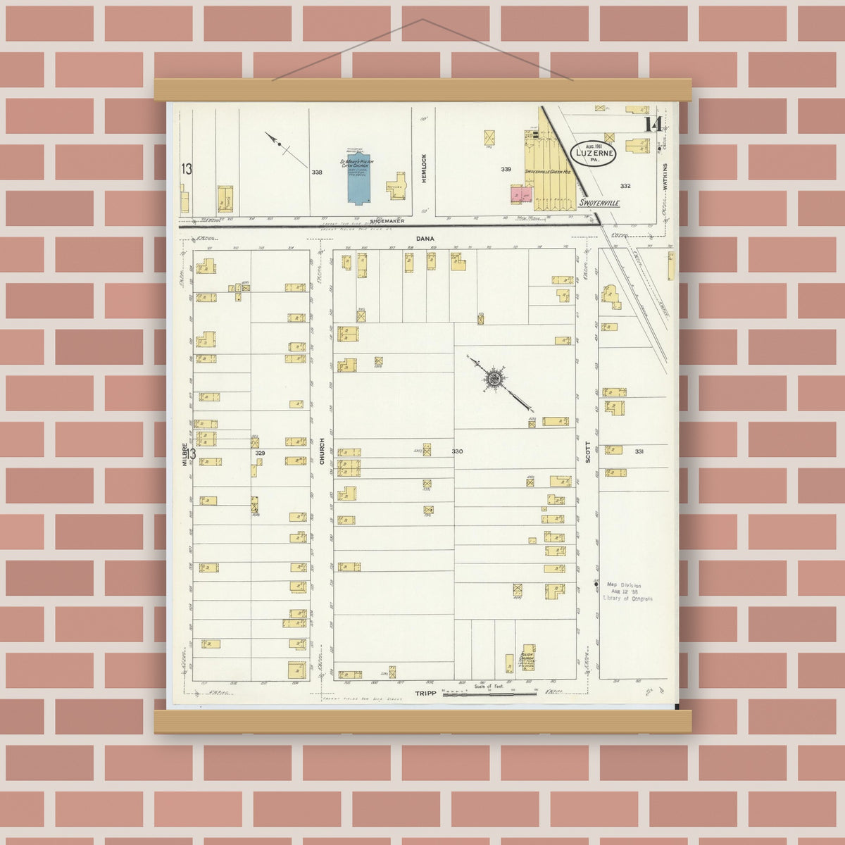 Old map wall art mockup — magnetic wood frame on brick wall — Sanborn Fire Insurance Map from Luzerne, Luzerne County, Pennsylvania (1911), Sheet #0014