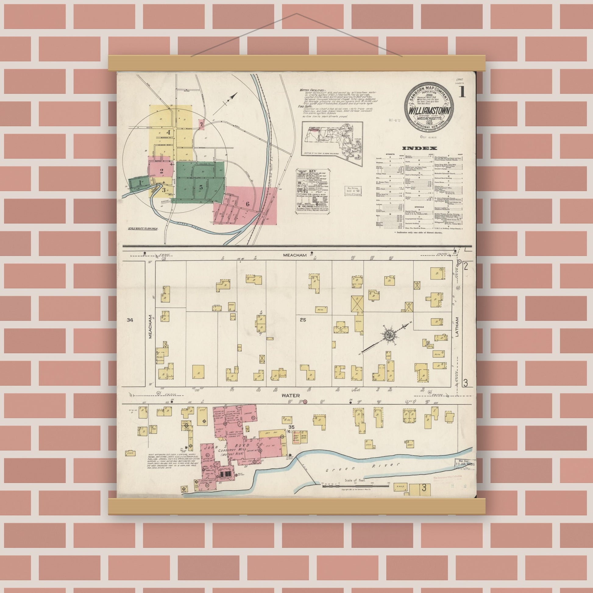 Old map wall art mockup — magnetic wood frame on brick wall — Sanborn Fire Insurance Map from Williamstown, Berkshire County, Massachusetts (1922) - Complete Map Set
