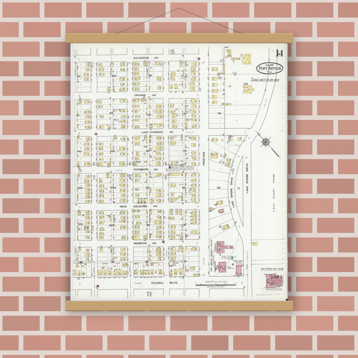 Old map wall art mockup — magnetic wood frame on brick wall — Sanborn Fire Insurance Map from Port Arthur, Jefferson County, Texas (1918), Sheet #0014