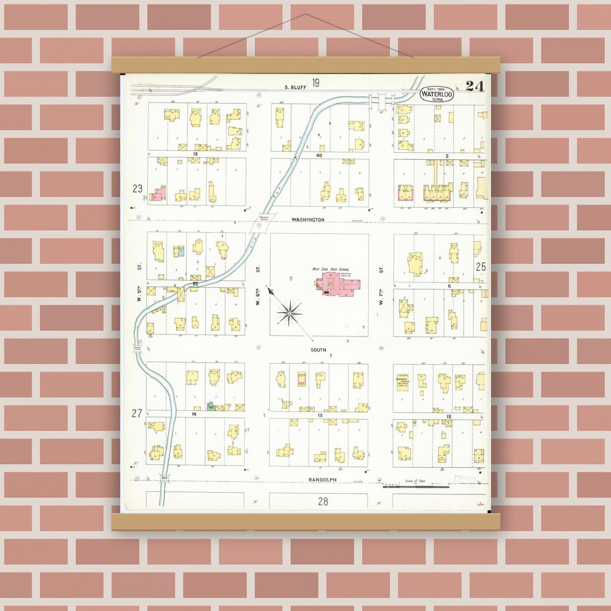 Old map wall art mockup — magnetic wood frame on brick wall — Sanborn Fire Insurance Map from Waterloo, Black Hawk County, Iowa (1900), Sheet #0024