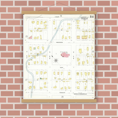 Old map wall art mockup — magnetic wood frame on brick wall — Sanborn Fire Insurance Map from Waterloo, Black Hawk County, Iowa (1900), Sheet #0024
