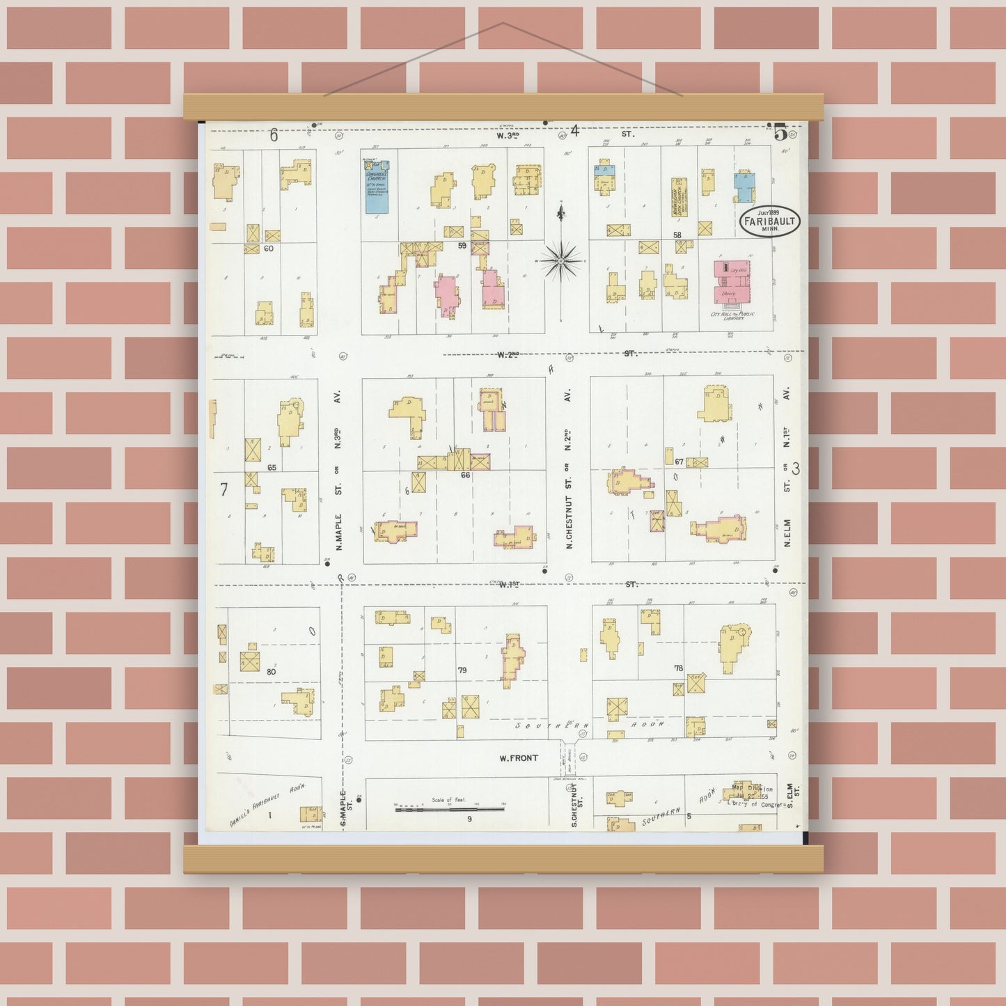 Old map wall art mockup — magnetic wood frame on brick wall — Sanborn Fire Insurance Map from Faribault, Rice County, Minnesota (1899), Sheet #0005