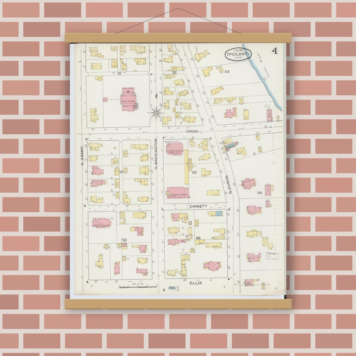 Old map wall art mockup — magnetic wood frame on brick wall — Sanborn Fire Insurance Map from Ypsilanti, Washtenaw County, Michigan (1893), Sheet #0004