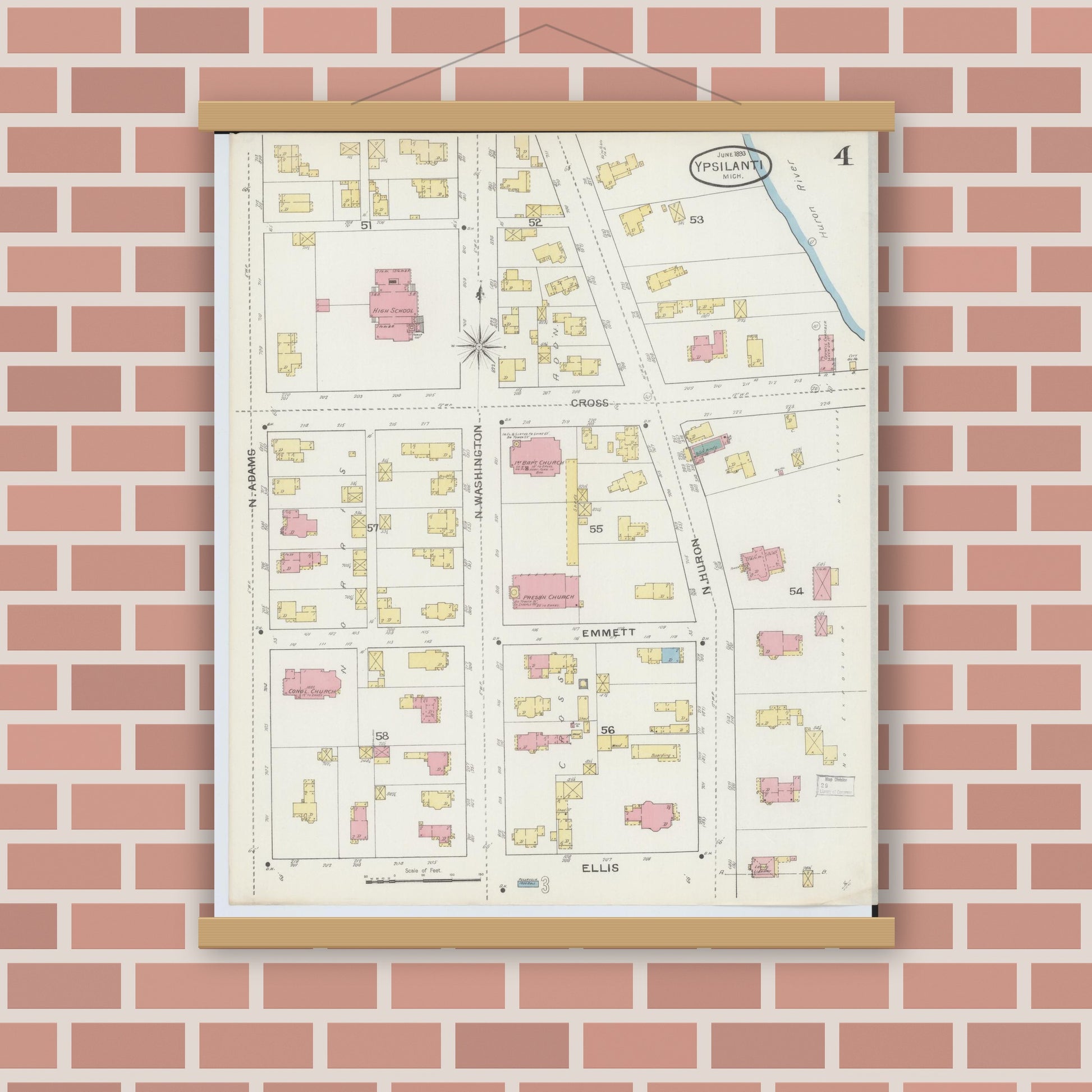 Old map wall art mockup — magnetic wood frame on brick wall — Sanborn Fire Insurance Map from Ypsilanti, Washtenaw County, Michigan (1893), Sheet #0004