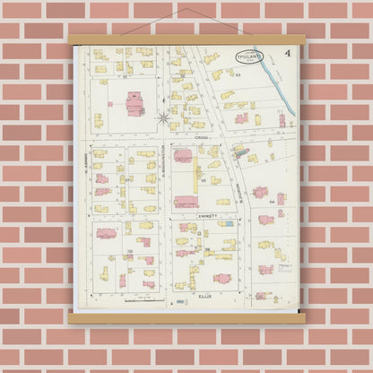 Old map wall art mockup — magnetic wood frame on brick wall — Sanborn Fire Insurance Map from Ypsilanti, Washtenaw County, Michigan (1893), Sheet #0004