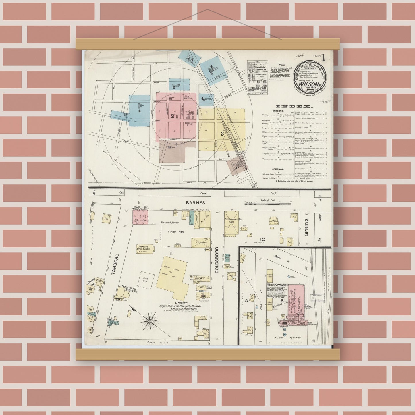 Old map wall art mockup — magnetic wood frame on brick wall — Sanborn Fire Insurance Map from Wilson, Wilson County, North Carolina (1888) - Complete Map Set