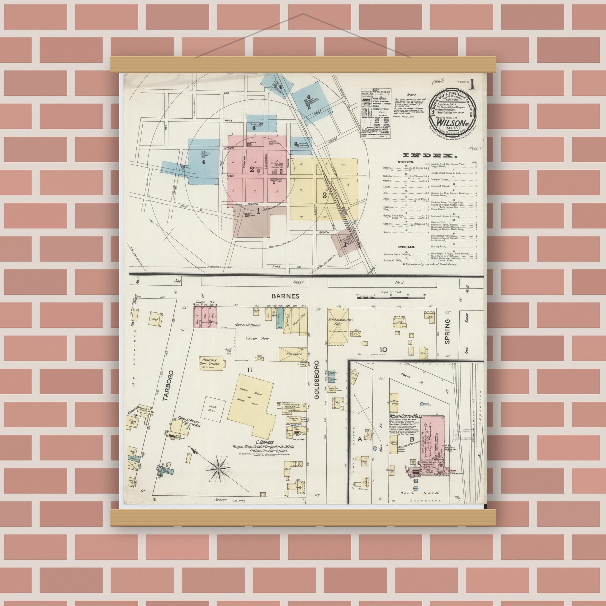 Old map wall art mockup — magnetic wood frame on brick wall — Sanborn Fire Insurance Map from Wilson, Wilson County, North Carolina (1888) - Complete Map Set