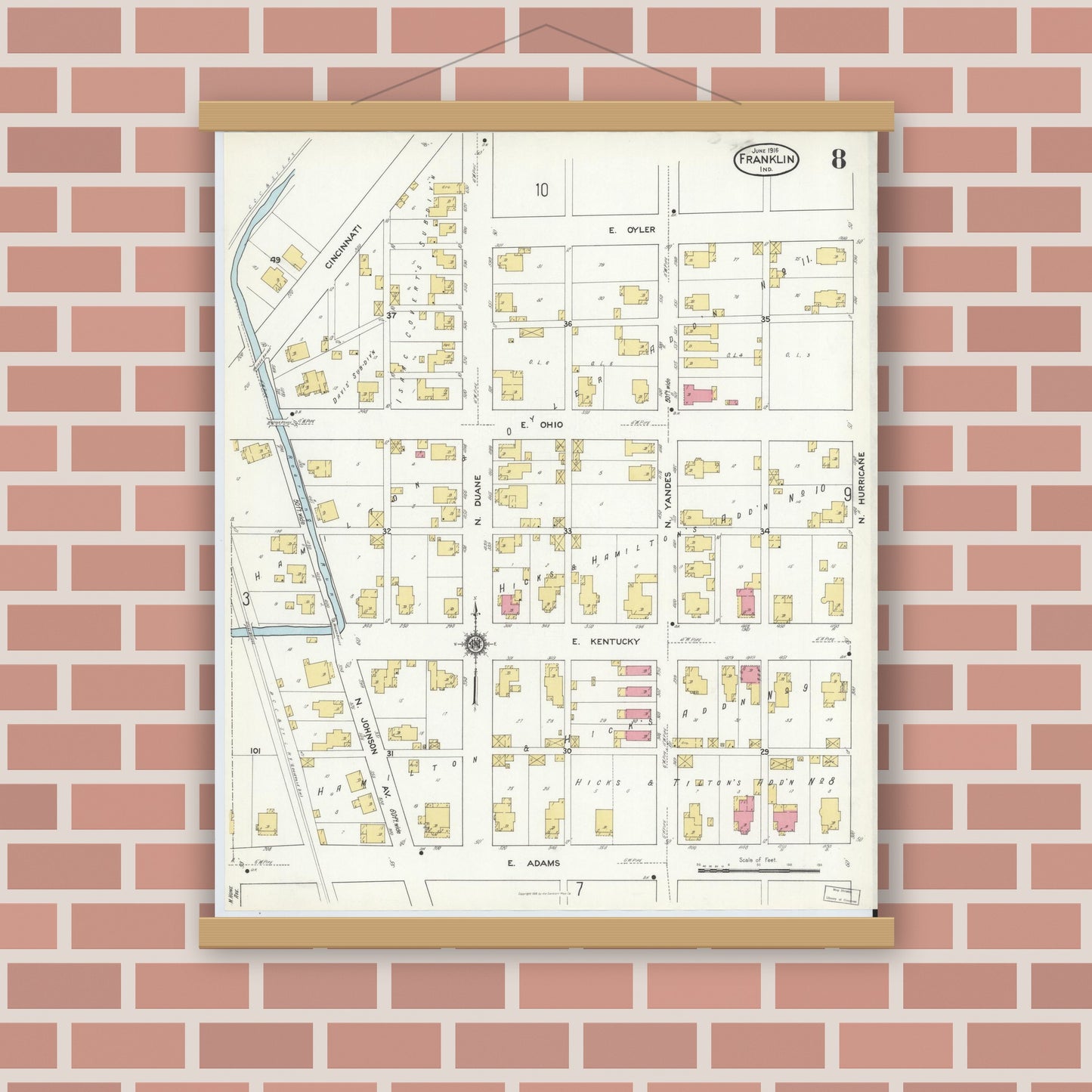 Old map wall art mockup — magnetic wood frame on brick wall — Sanborn Fire Insurance Map from Franklin, Johnson County, Indiana (1916), Sheet #0008