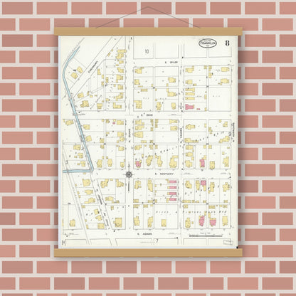 Old map wall art mockup — magnetic wood frame on brick wall — Sanborn Fire Insurance Map from Franklin, Johnson County, Indiana (1916), Sheet #0008
