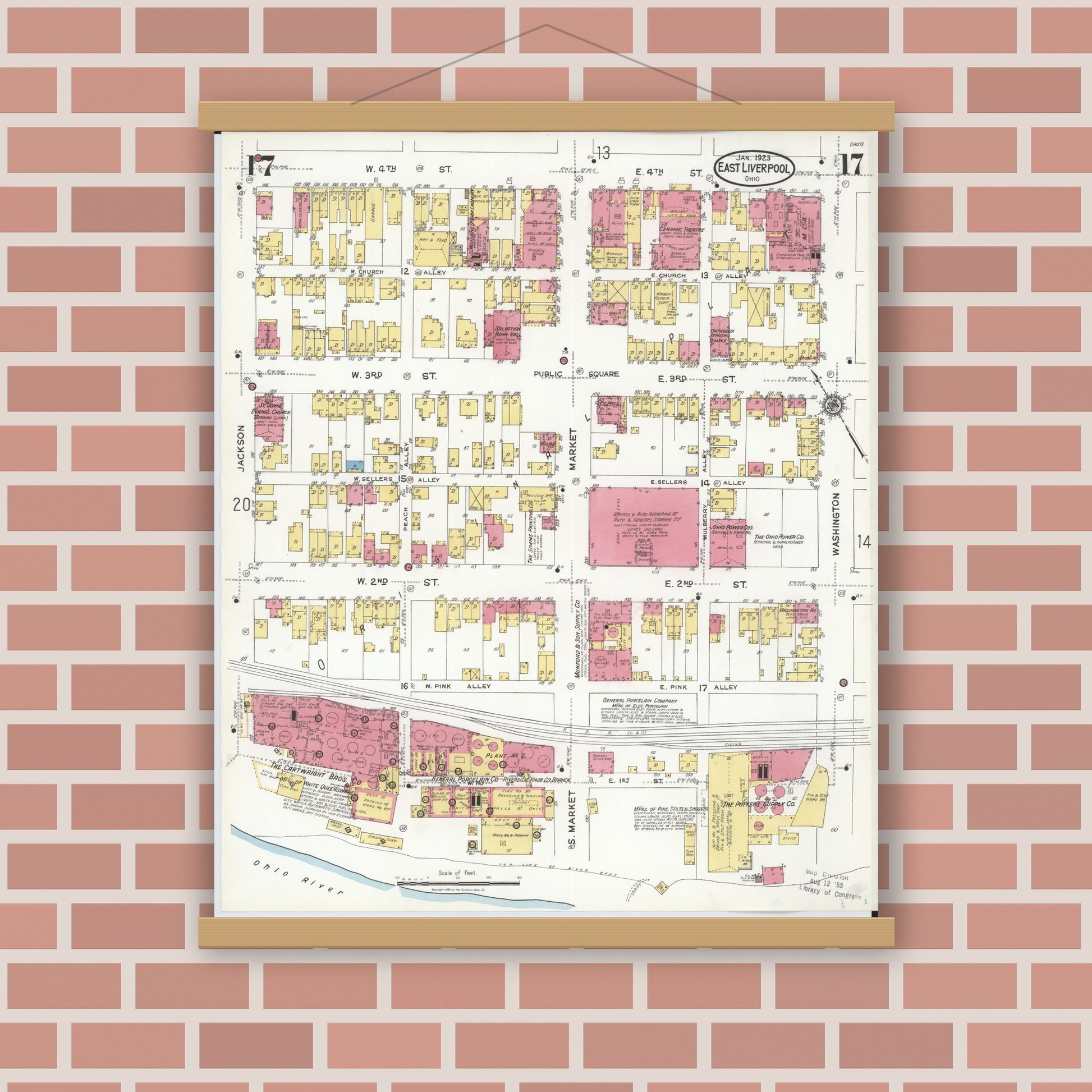 Old map wall art mockup — magnetic wood frame on brick wall — Sanborn Fire Insurance Map from East Liverpool, Columbiana County, Ohio (1923), Sheet #0017
