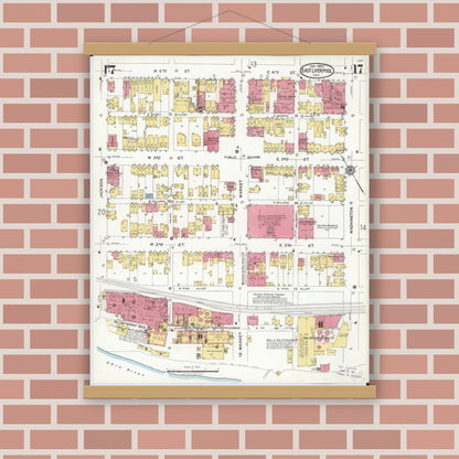 Old map wall art mockup — magnetic wood frame on brick wall — Sanborn Fire Insurance Map from East Liverpool, Columbiana County, Ohio (1923), Sheet #0017