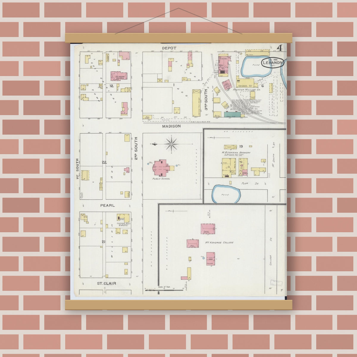 Old map wall art mockup — magnetic wood frame on brick wall — Sanborn Fire Insurance Map from Lebanon, Saint Clair County, Illinois (1894), Sheet #0004