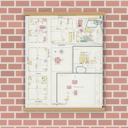 Old map wall art mockup — magnetic wood frame on brick wall — Sanborn Fire Insurance Map from Lebanon, Saint Clair County, Illinois (1894), Sheet #0004