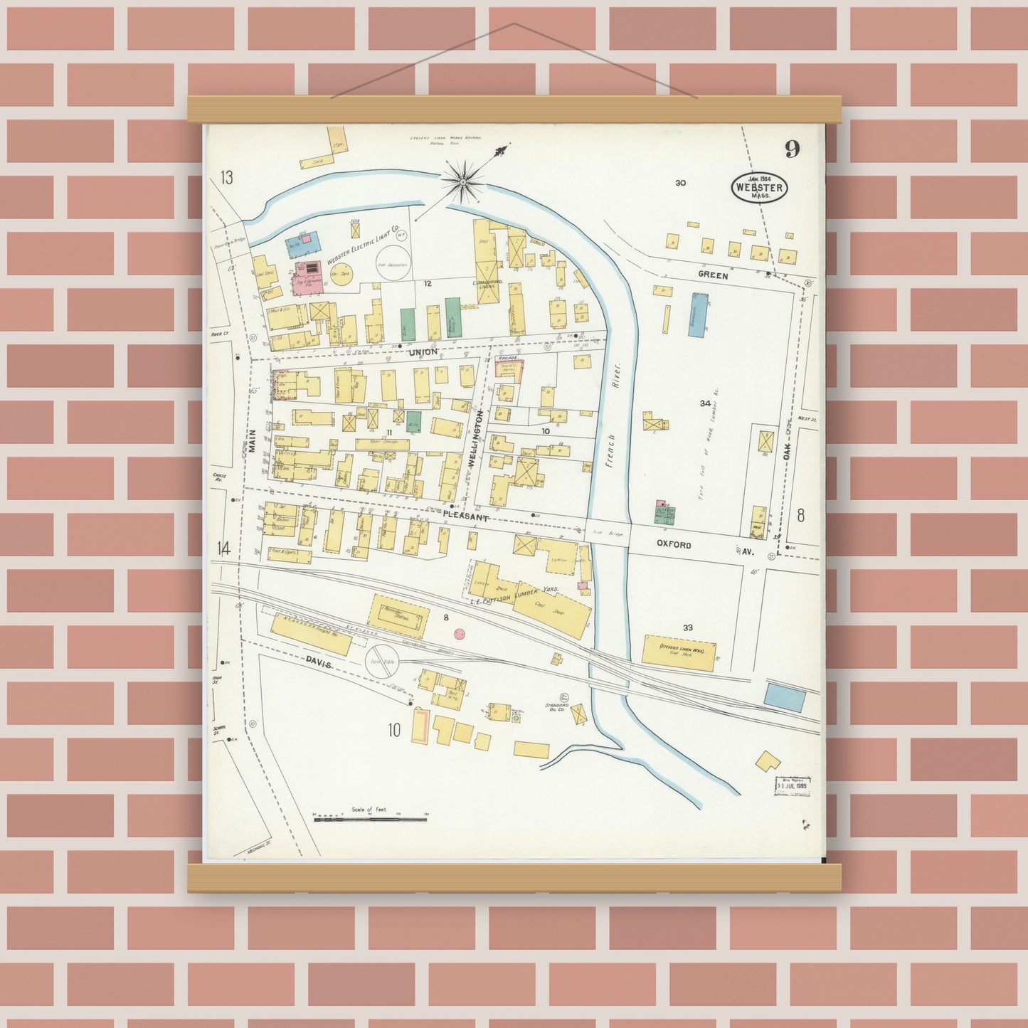 Old map wall art mockup — magnetic wood frame on brick wall — Sanborn Fire Insurance Map from Webster, Worcester County, Massachusetts (1904), Sheet #0009