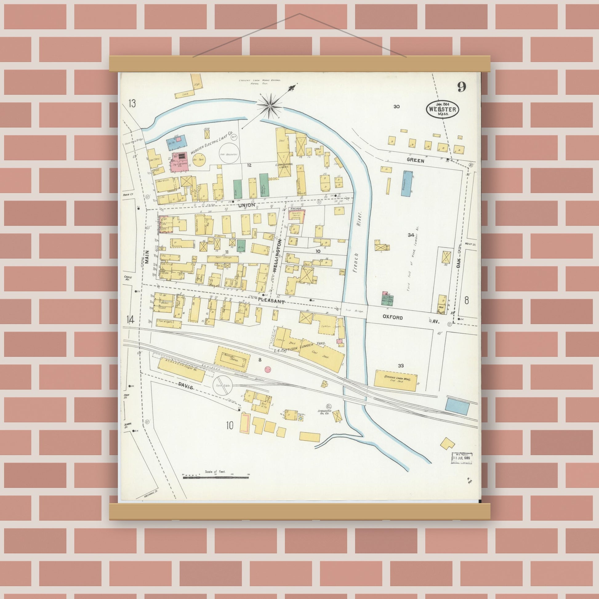 Old map wall art mockup — magnetic wood frame on brick wall — Sanborn Fire Insurance Map from Webster, Worcester County, Massachusetts (1904), Sheet #0009