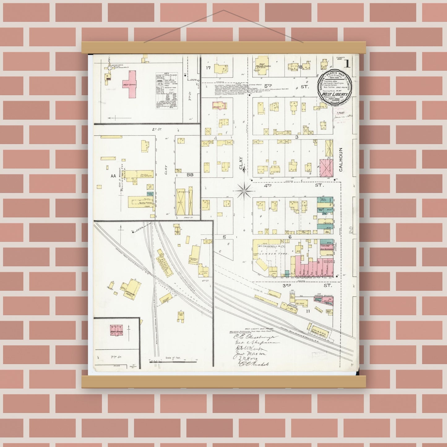 Old map wall art mockup — magnetic wood frame on brick wall — Sanborn Fire Insurance Map from West Liberty, Muscatine County, Iowa (1893) â€” Complete Set