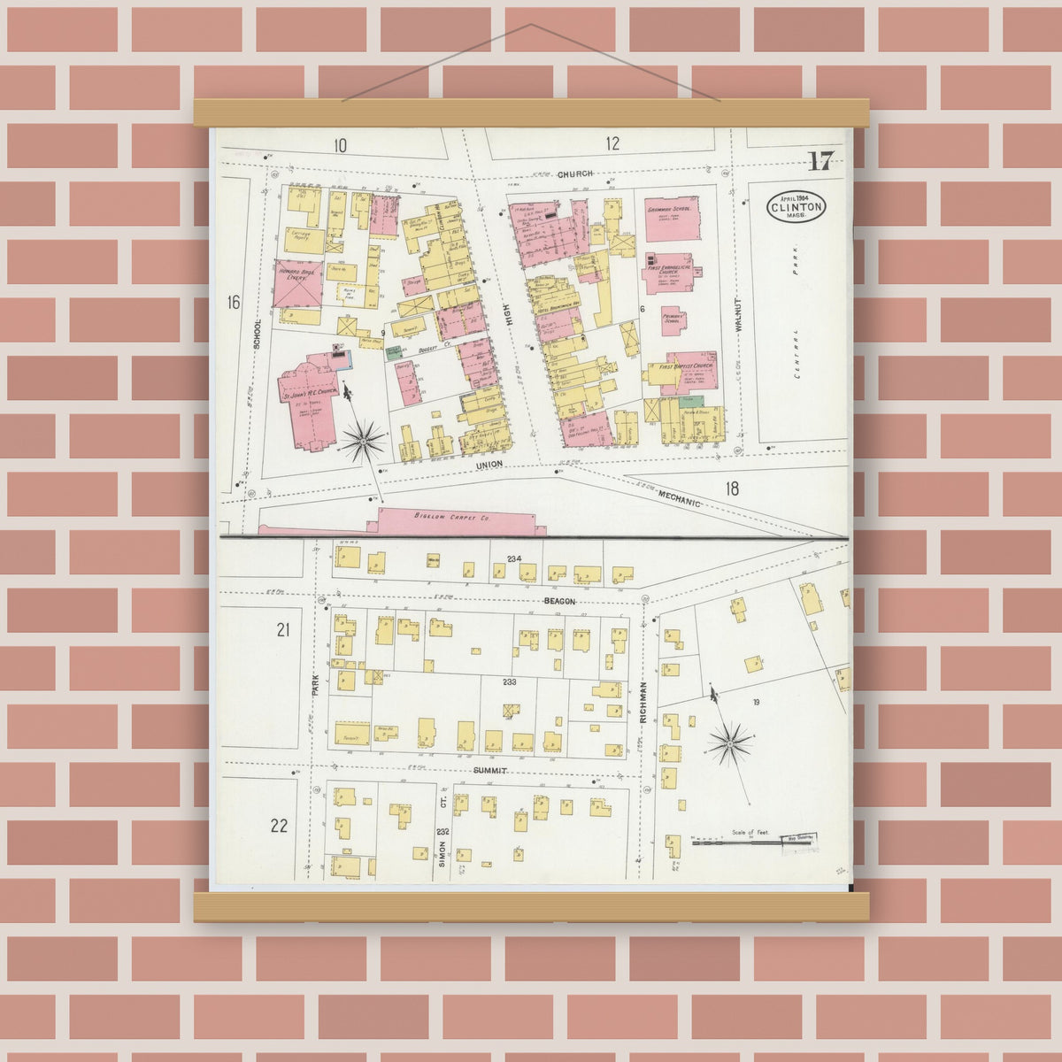 Old map wall art mockup — magnetic wood frame on brick wall — Sanborn Fire Insurance Map from Clinton, Worcester County, Massachusetts (1904), Sheet #0017